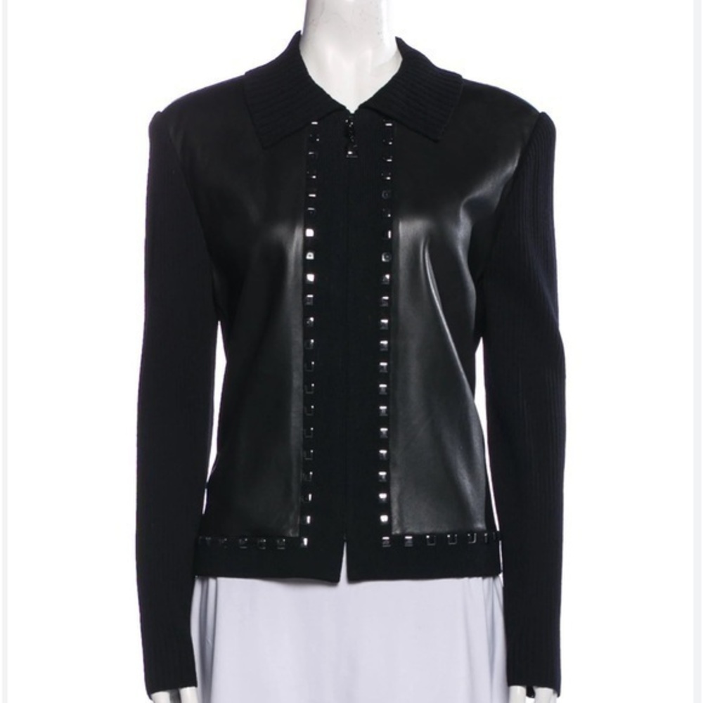 NANCY BOLEN Black Jacket/Cardigan Rayon/Nylon Knit & Lamb's Leather Sz XL